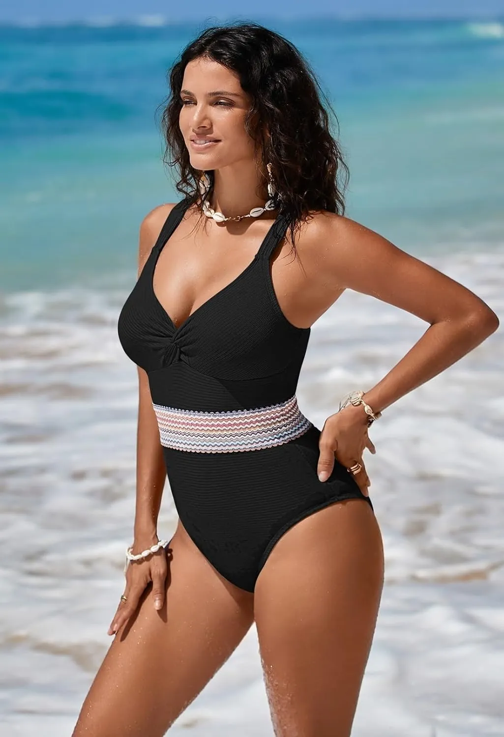 Pink Queen Women's 2025 Summer One Piece Swimsuit V Neck Twist Front Colorblock Ribbed Bathing Suit