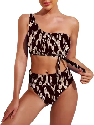 Pink Queen Women's One Shoulder High Waisted Bikini Set Two Piece Tie Ruched Swimsuit