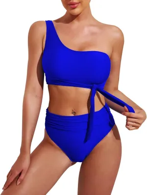 Pink Queen Women's One Shoulder High Waisted Bikini Set Two Piece Tie Ruched Swimsuit