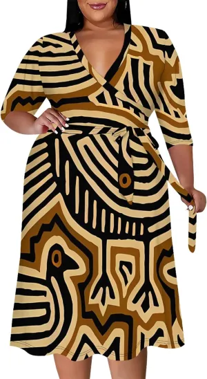 Plus Size Dress for Women Flowy 3/4 Sleeve V Neck Printing Midi Dresses Sexy Wrap Cocktail Party Dress Empire Waist with Belt