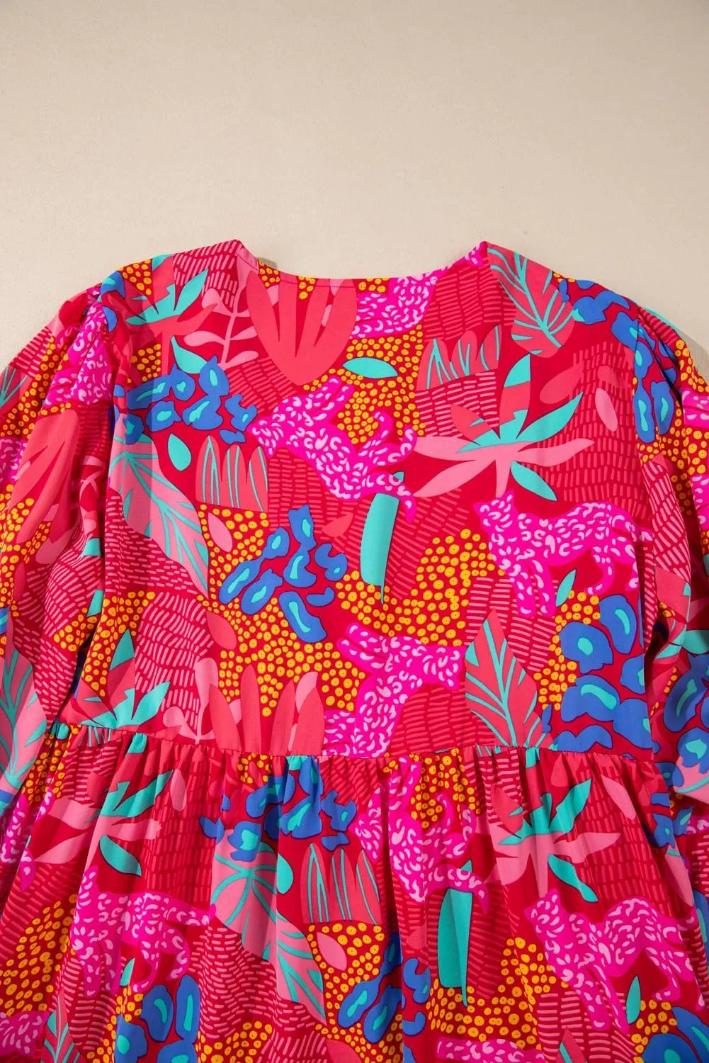 Plus Size Women's Rose Tropical Printed Lantern Sleeve V Neck Ruffled Mini Dress