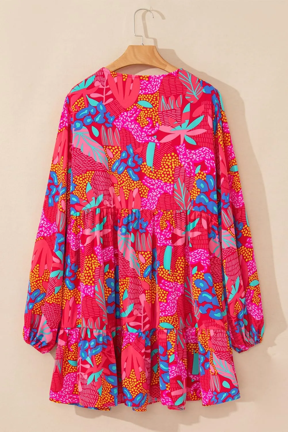 Plus Size Women's Rose Tropical Printed Lantern Sleeve V Neck Ruffled Mini Dress