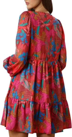 Plus Size Women's Rose Tropical Printed Lantern Sleeve V Neck Ruffled Mini Dress