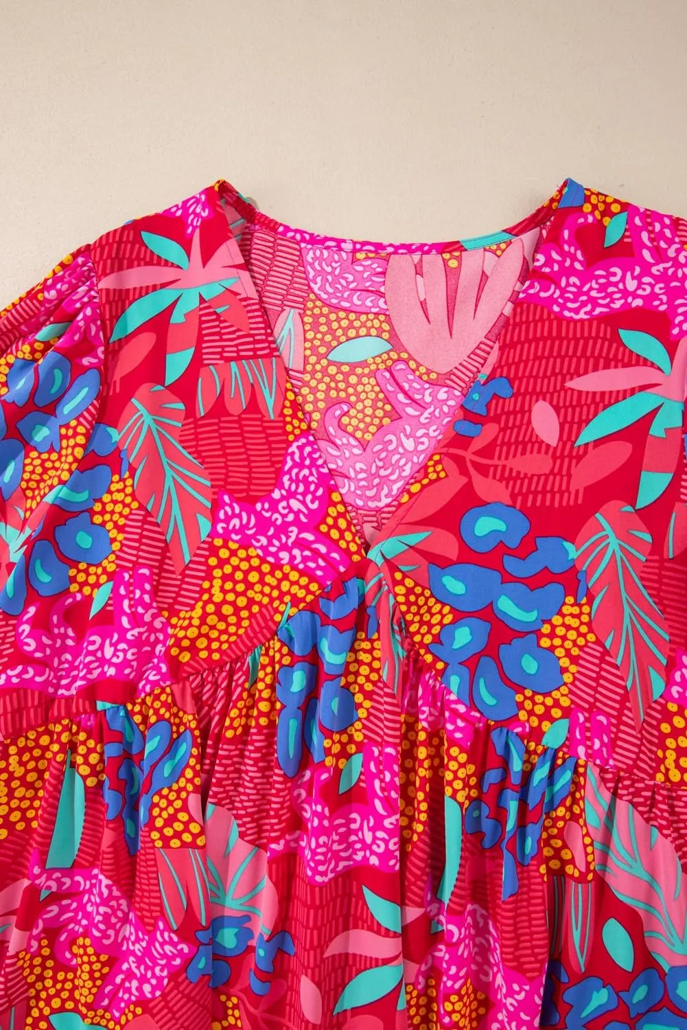 Plus Size Women's Rose Tropical Printed Lantern Sleeve V Neck Ruffled Mini Dress