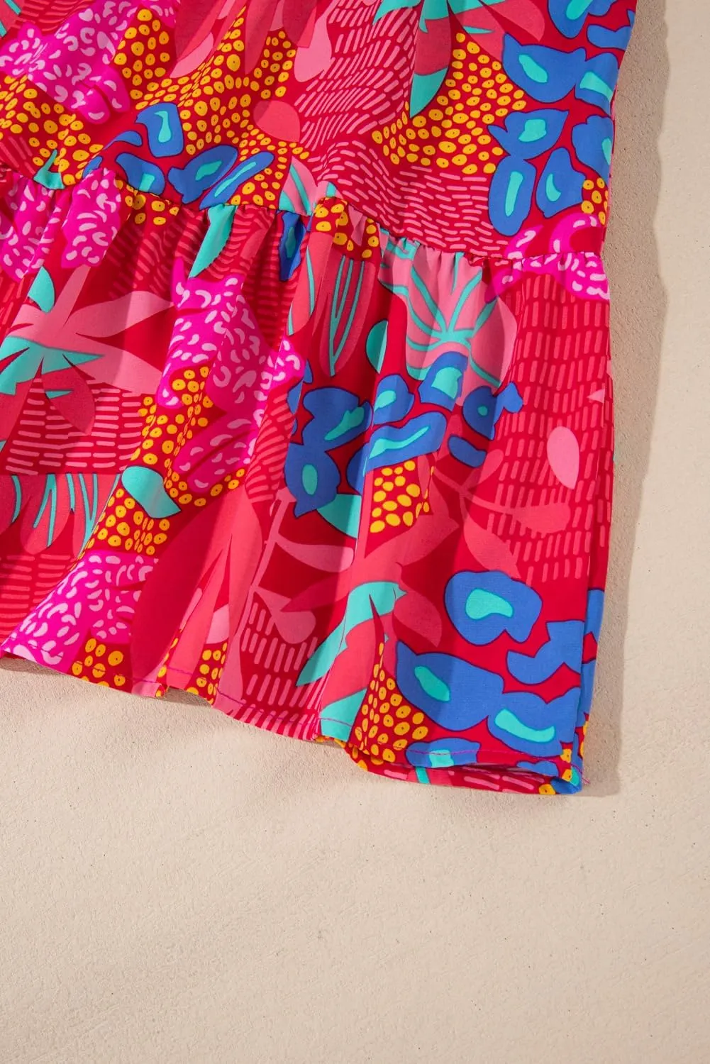 Plus Size Women's Rose Tropical Printed Lantern Sleeve V Neck Ruffled Mini Dress