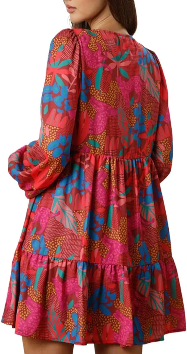 Plus Size Women's Rose Tropical Printed Lantern Sleeve V Neck Ruffled Mini Dress
