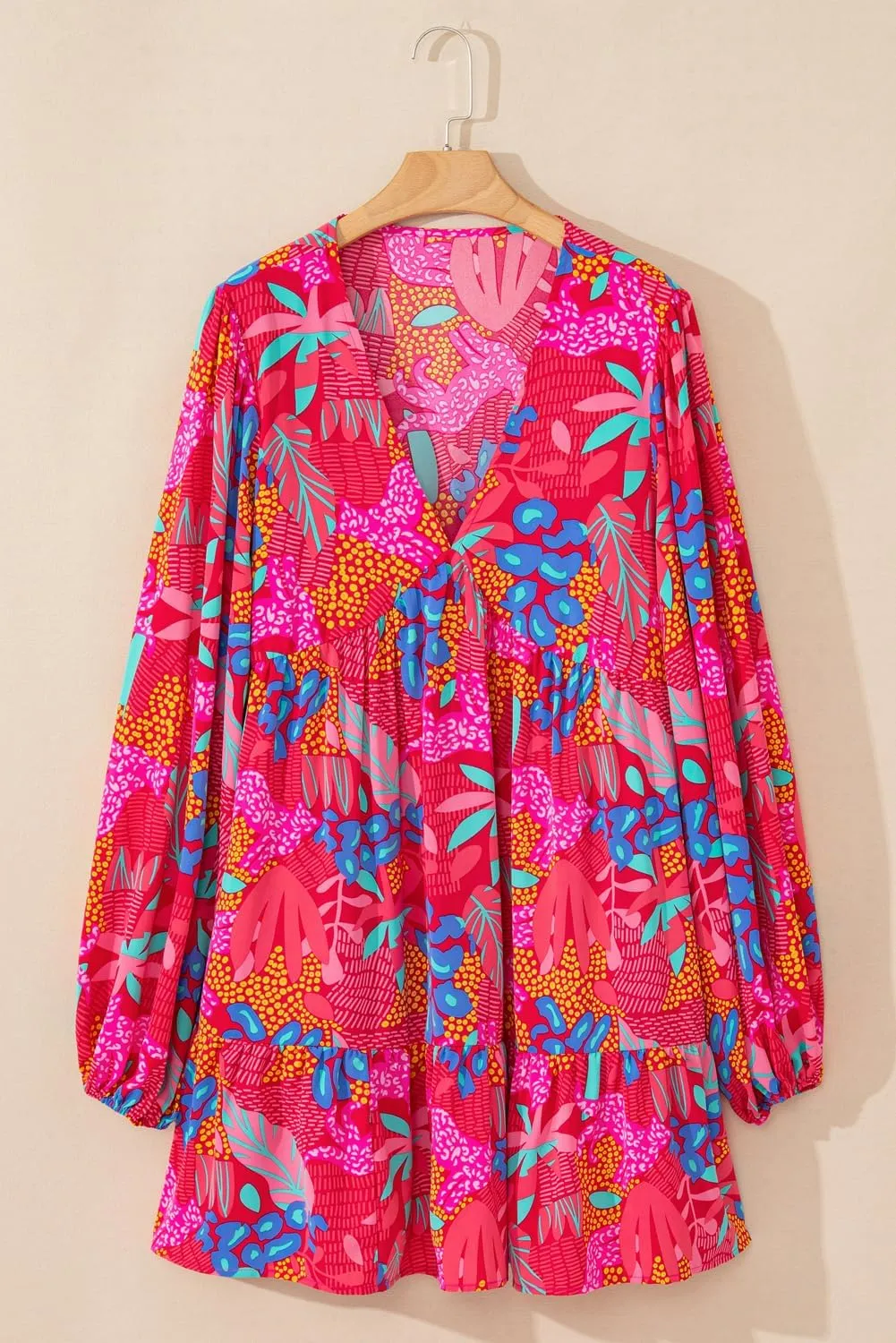 Plus Size Women's Rose Tropical Printed Lantern Sleeve V Neck Ruffled Mini Dress