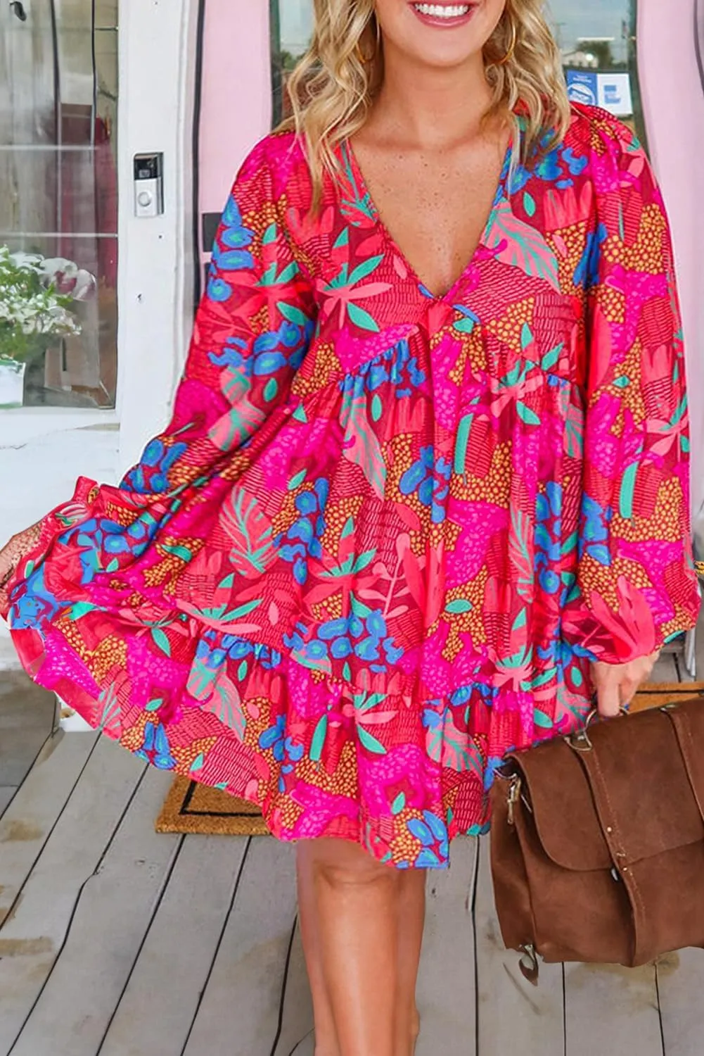 Plus Size Women's Rose Tropical Printed Lantern Sleeve V Neck Ruffled Mini Dress