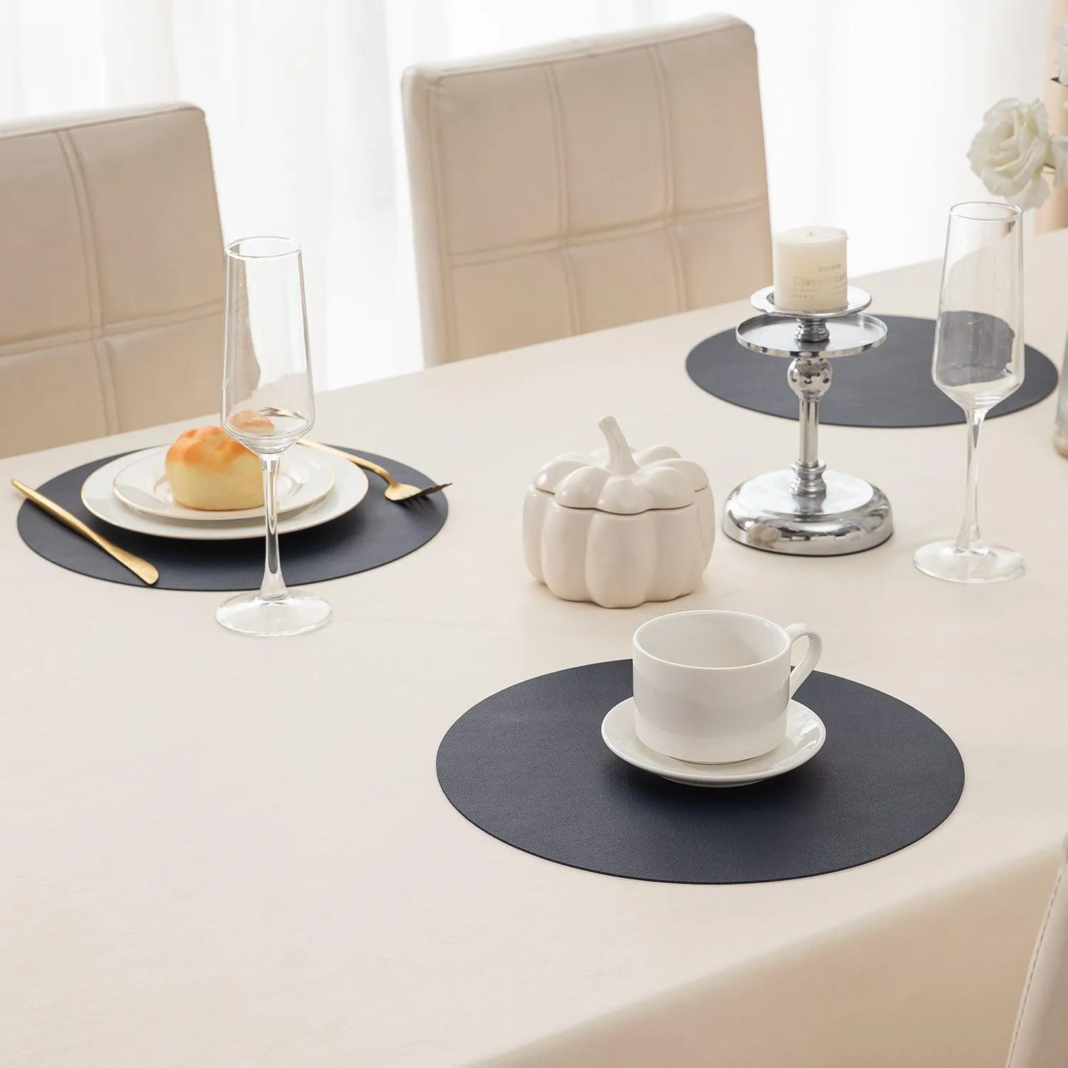 Premium Faux Leather Dining Table Round Mats, Navy Blue