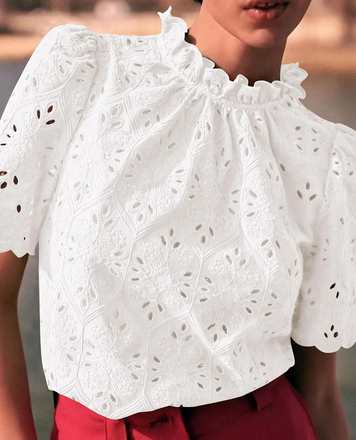 PRETTYGARDEN Womens Summer Tops 2025 Trendy Short Sleeve Eyelet Embroidered Dressy Casual Blouse Shirts