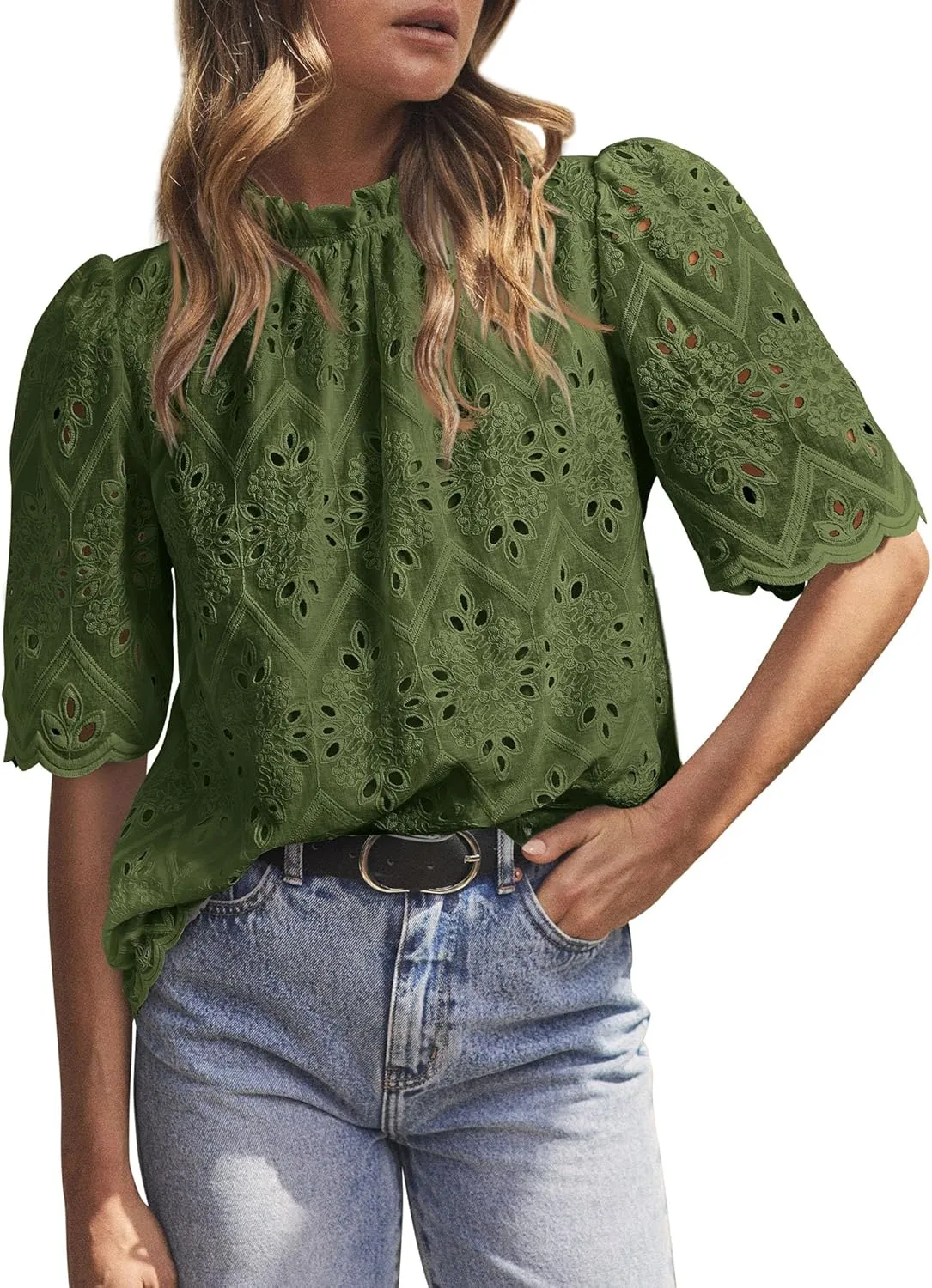 PRETTYGARDEN Womens Summer Tops 2025 Trendy Short Sleeve Eyelet Embroidered Dressy Casual Blouse Shirts