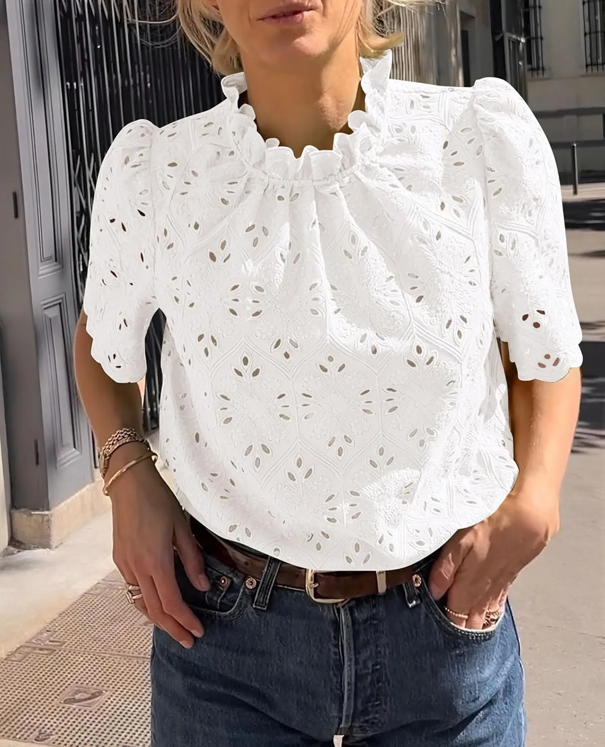 PRETTYGARDEN Womens Summer Tops 2025 Trendy Short Sleeve Eyelet Embroidered Dressy Casual Blouse Shirts