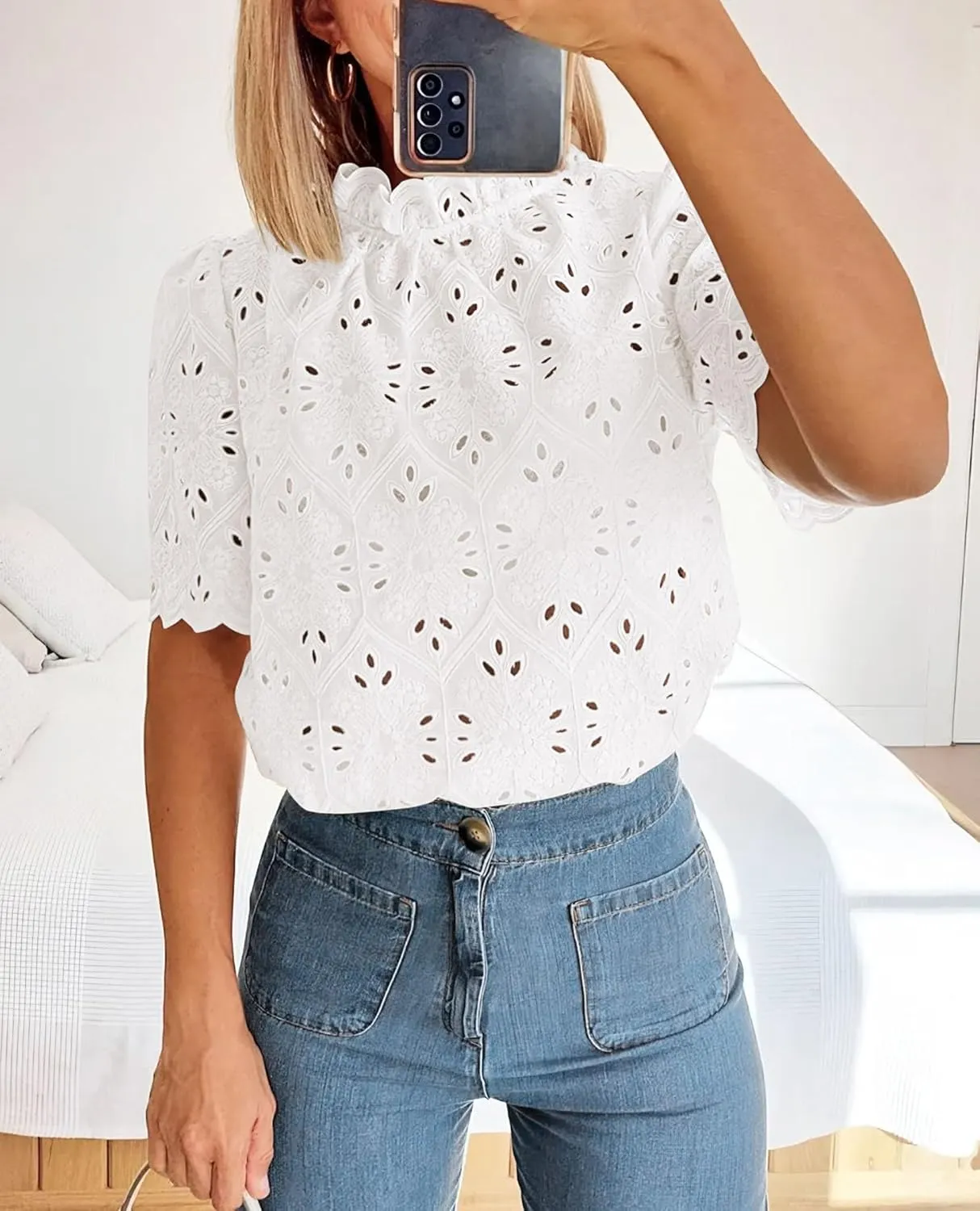 PRETTYGARDEN Womens Summer Tops 2025 Trendy Short Sleeve Eyelet Embroidered Dressy Casual Blouse Shirts