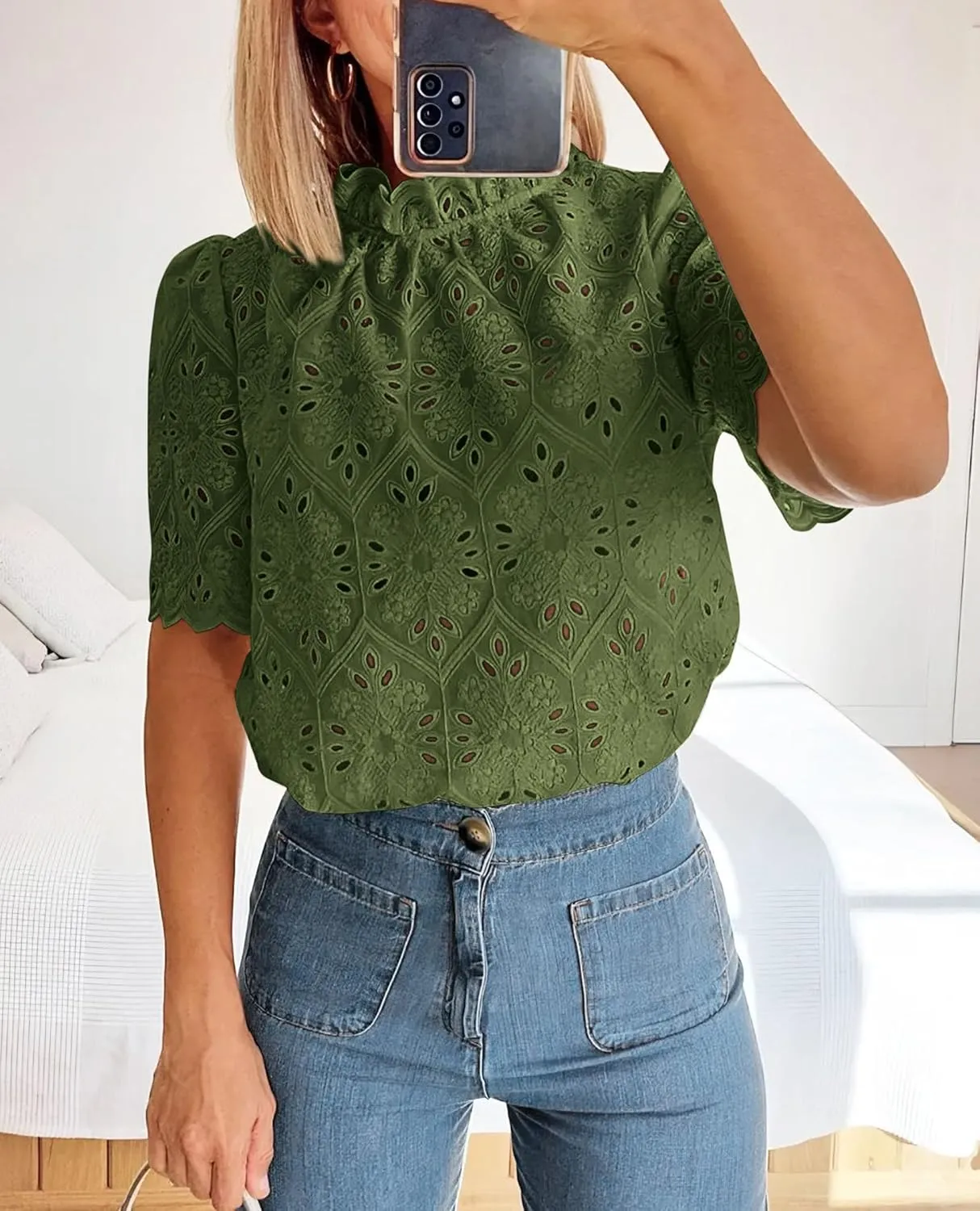 PRETTYGARDEN Womens Summer Tops 2025 Trendy Short Sleeve Eyelet Embroidered Dressy Casual Blouse Shirts