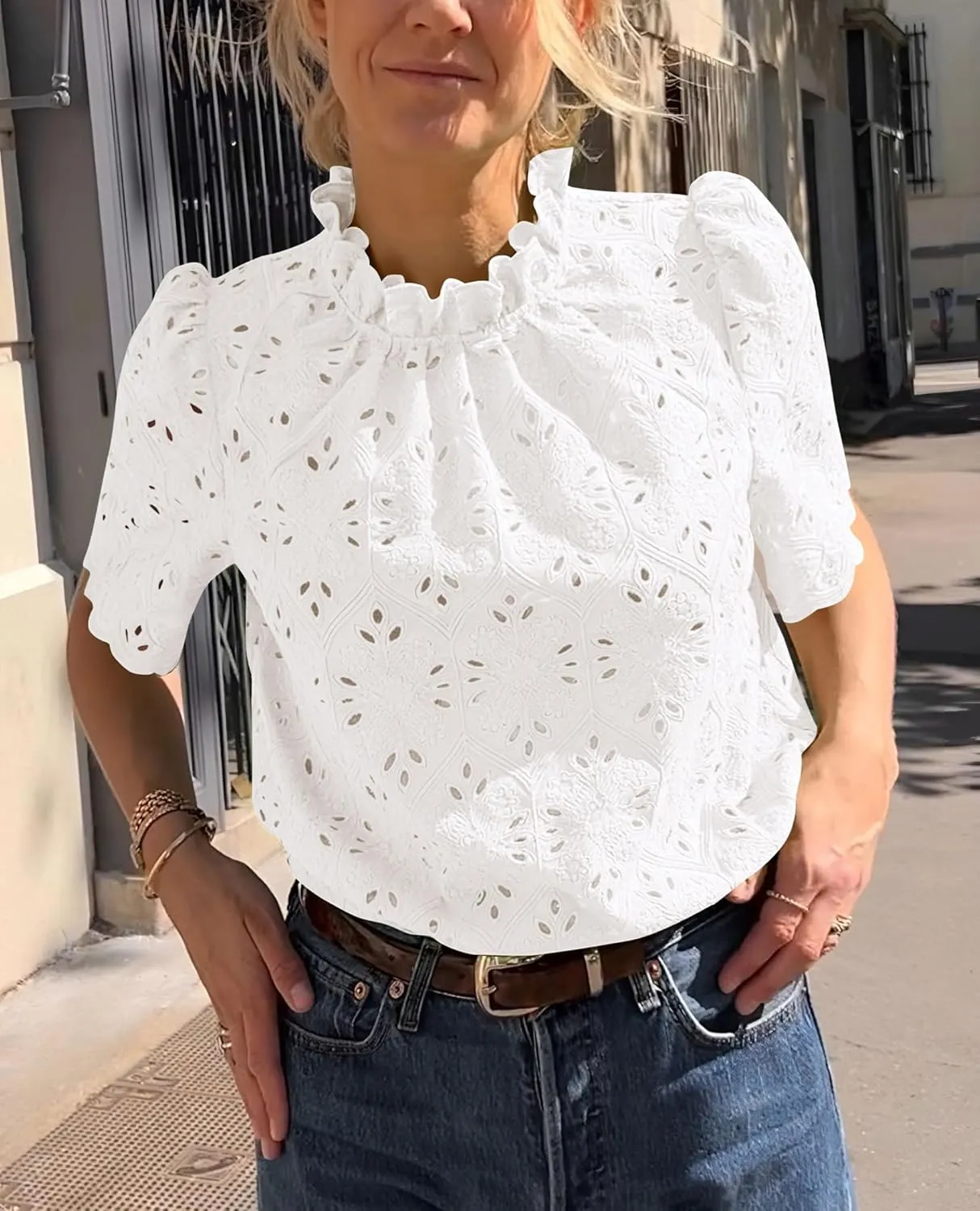 PRETTYGARDEN Womens Summer Tops 2025 Trendy Short Sleeve Eyelet Embroidered Dressy Casual Blouse Shirts