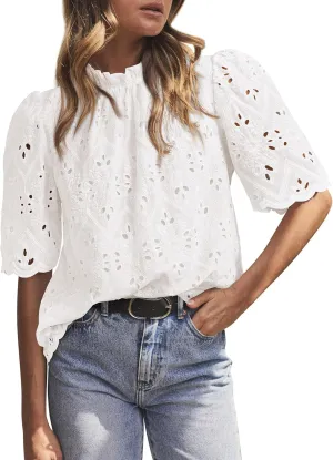 PRETTYGARDEN Womens Summer Tops 2025 Trendy Short Sleeve Eyelet Embroidered Dressy Casual Blouse Shirts