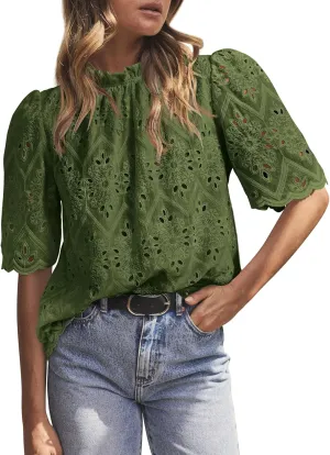 PRETTYGARDEN Womens Summer Tops 2025 Trendy Short Sleeve Eyelet Embroidered Dressy Casual Blouse Shirts
