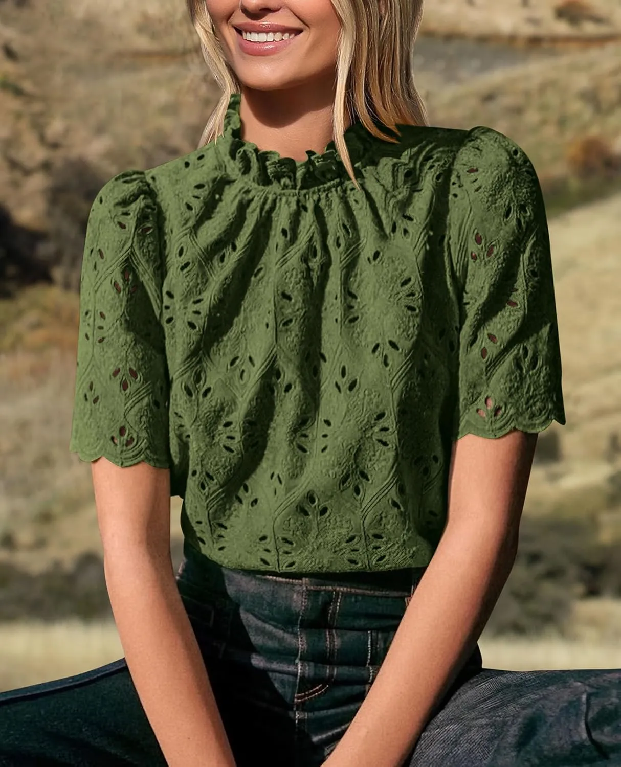 PRETTYGARDEN Womens Summer Tops 2025 Trendy Short Sleeve Eyelet Embroidered Dressy Casual Blouse Shirts