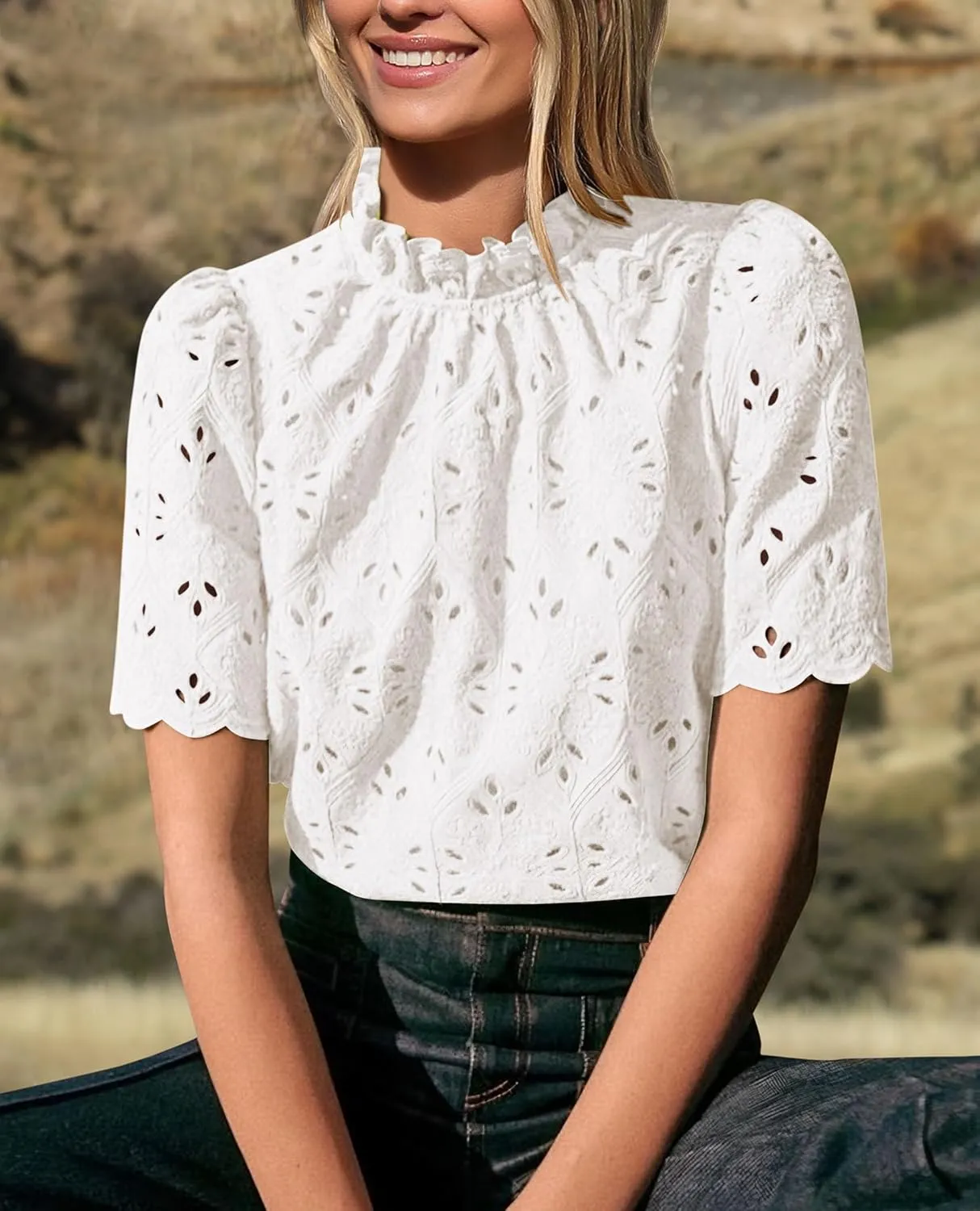 PRETTYGARDEN Womens Summer Tops 2025 Trendy Short Sleeve Eyelet Embroidered Dressy Casual Blouse Shirts
