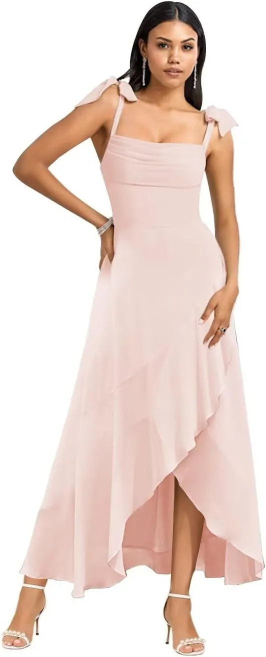 Raseal Chiffon High Low Bridesmaid Dress Square Neck Long A Line Prom Dress for Women RS170