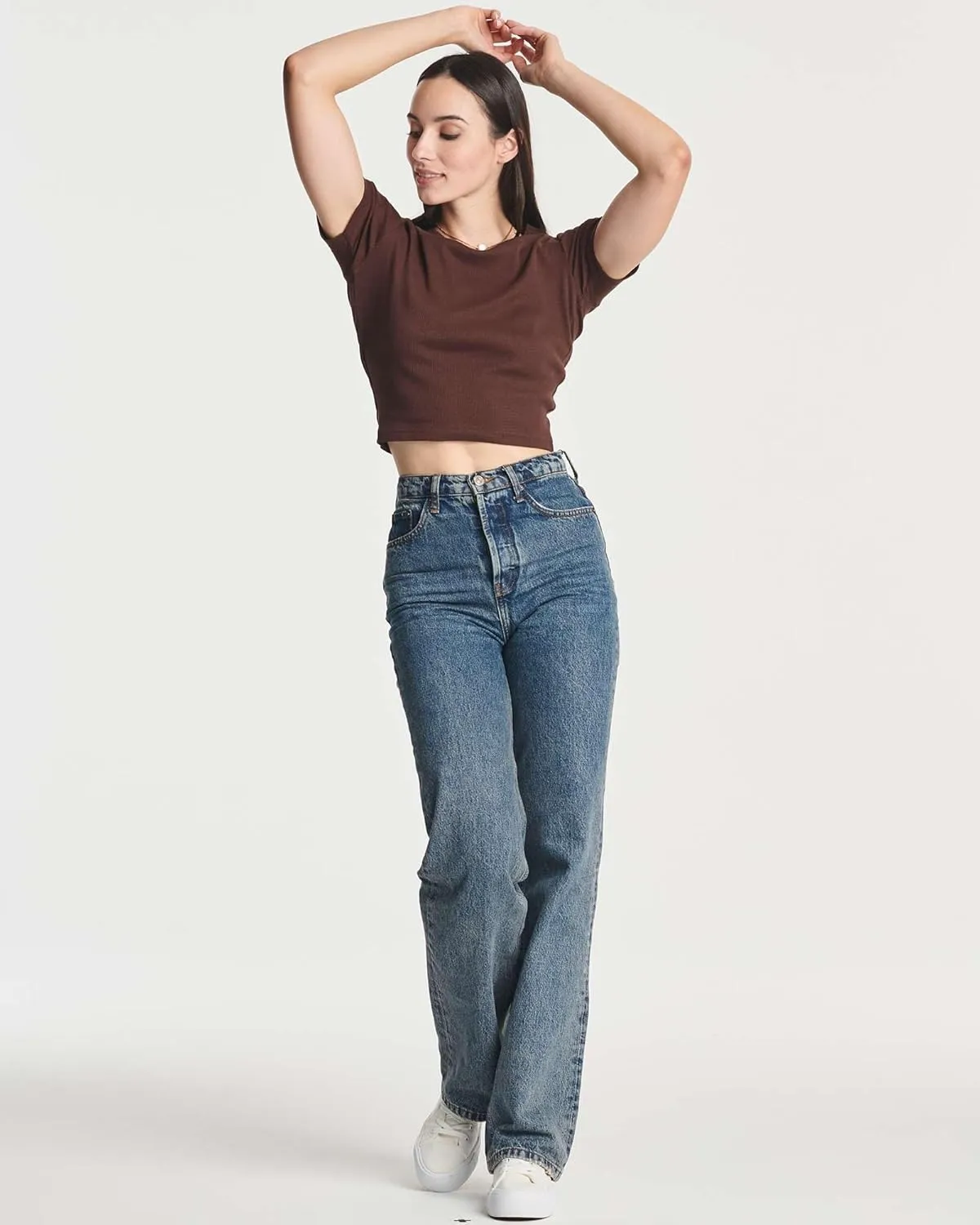Real Essentials 4-Pack: Women's Short Sleeve Ribbed Knit Cotton Crew Neck Crop Top T-Shirt - (Available in Plus)