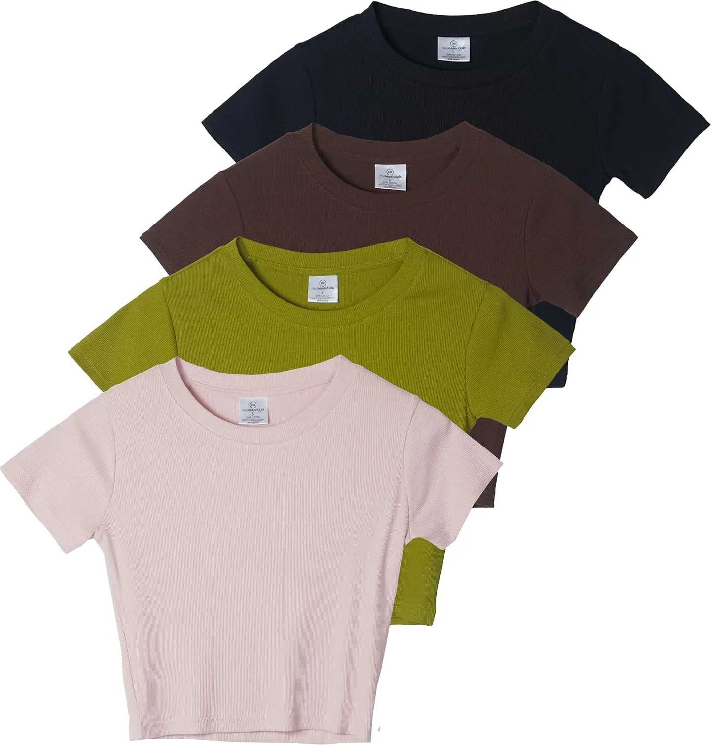 Real Essentials 4-Pack: Women's Short Sleeve Ribbed Knit Cotton Crew Neck Crop Top T-Shirt - (Available in Plus)