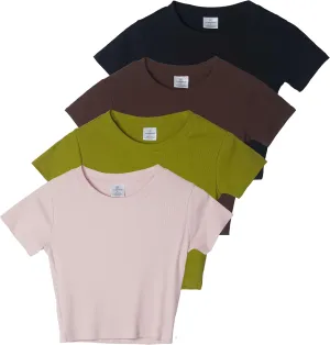 Real Essentials 4-Pack: Women's Short Sleeve Ribbed Knit Cotton Crew Neck Crop Top T-Shirt - (Available in Plus)