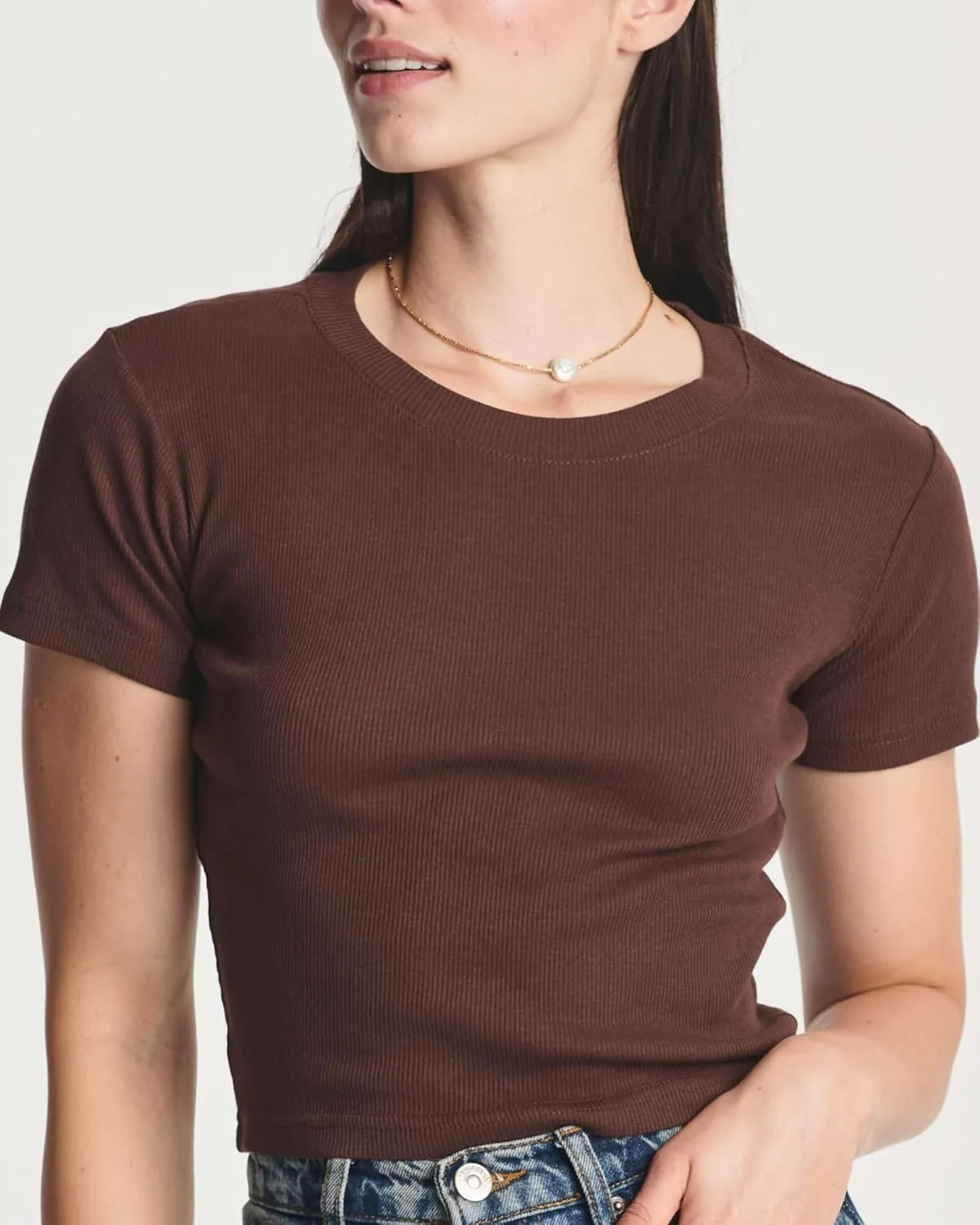 Real Essentials 4-Pack: Women's Short Sleeve Ribbed Knit Cotton Crew Neck Crop Top T-Shirt - (Available in Plus)