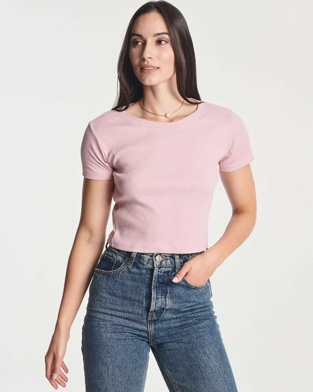 Real Essentials 4-Pack: Women's Short Sleeve Ribbed Knit Cotton Crew Neck Crop Top T-Shirt - (Available in Plus)