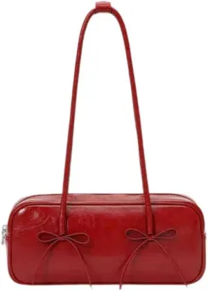 Red Bow Baguette Bag Leather Underarm Purse the Shoulder Bag for Women Stylish Handbag