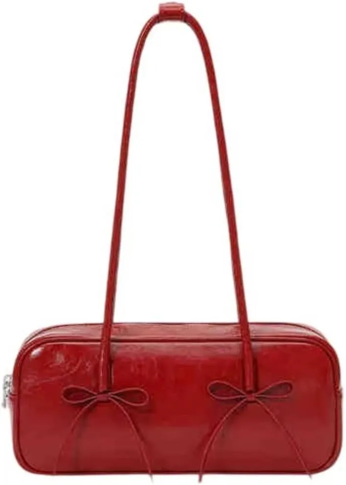 Red Bow Baguette Bag Leather Underarm Purse the Shoulder Bag for Women Stylish Handbag