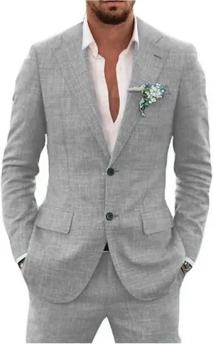 Retro Linen Men Suit 2 Piece Suit Slim Fit Two Button Suit Jacket Wedding Groomsmen Summer Beach Blazer Pants Tuxedo
