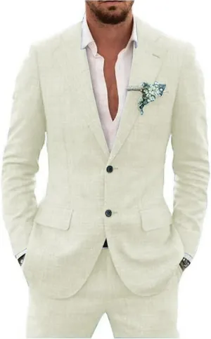 Retro Linen Men Suit 2 Piece Suit Slim Fit Two Button Suit Jacket Wedding Groomsmen Summer Beach Blazer Pants Tuxedo