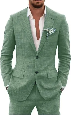 Retro Linen Men Suit 2 Piece Suit Slim Fit Two Button Suit Jacket Wedding Groomsmen Summer Beach Blazer Pants Tuxedo