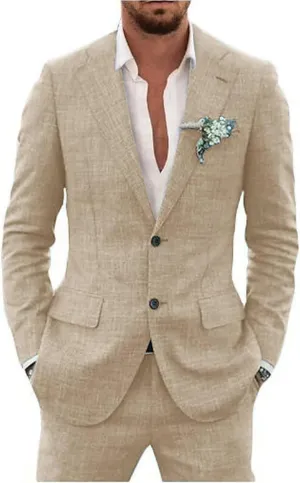 Retro Linen Men Suit 2 Piece Suit Slim Fit Two Button Suit Jacket Wedding Groomsmen Summer Beach Blazer Pants Tuxedo