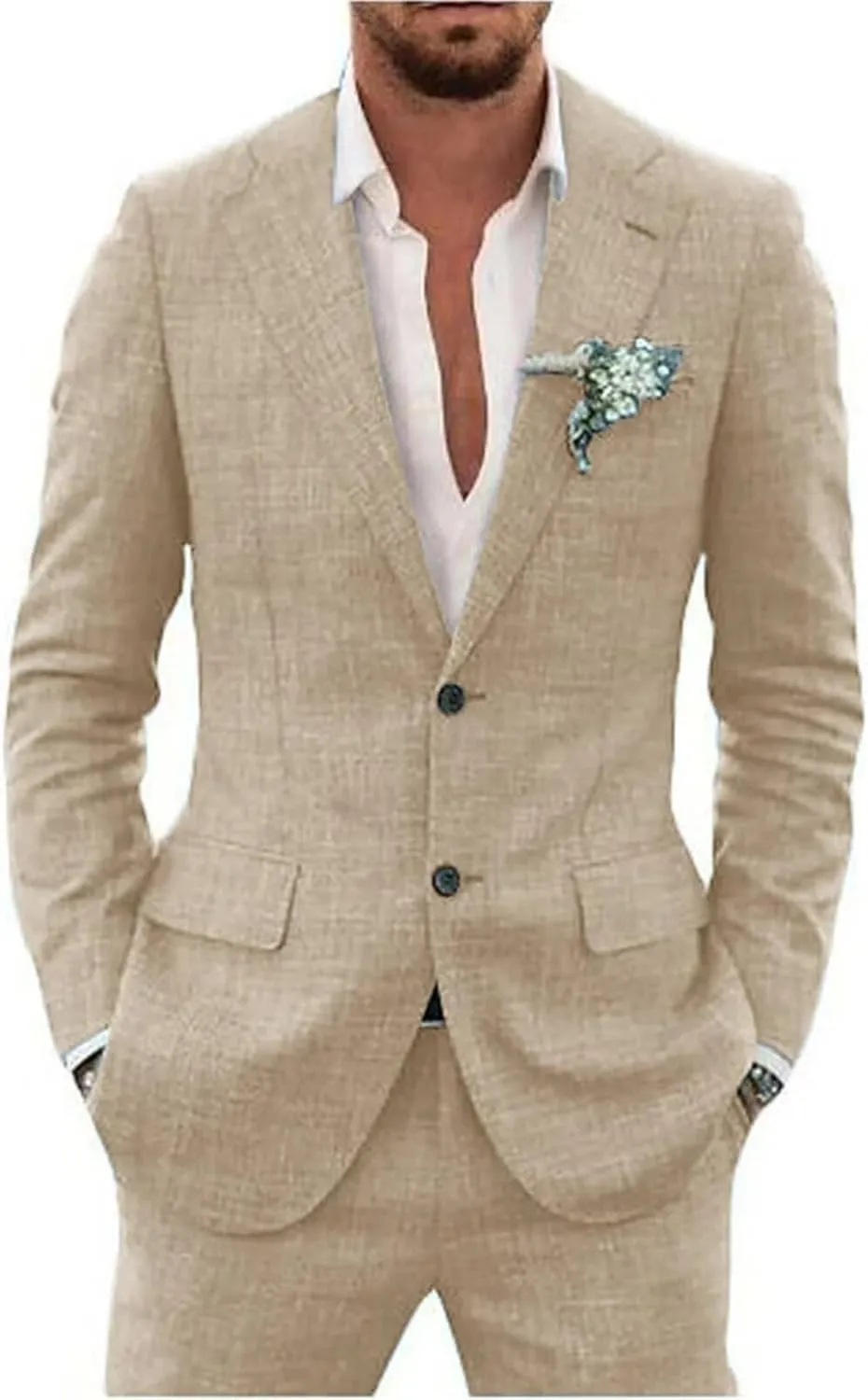 Retro Linen Men Suit 2 Piece Suit Slim Fit Two Button Suit Jacket Wedding Groomsmen Summer Beach Blazer Pants Tuxedo
