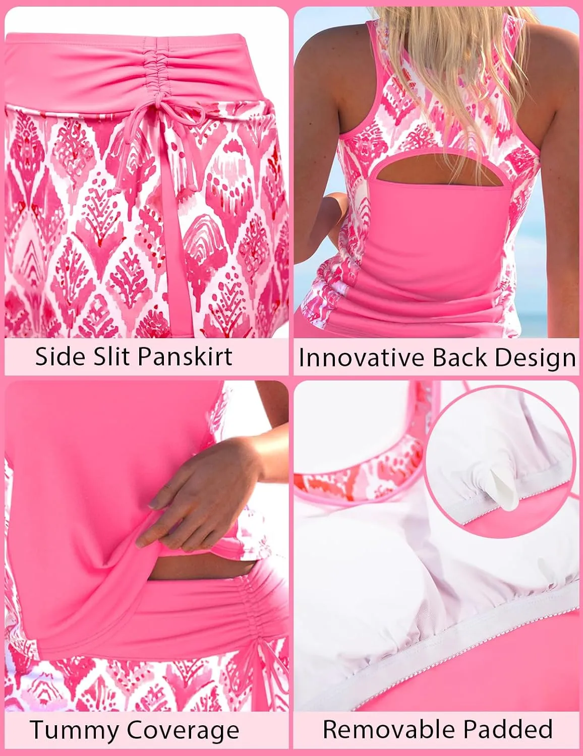 ROSEWE Tribal Print Tankini Swimsuits for Women, Modest Tummy Coverage Bathing Suits with Skirt, 2 Piece Sporty Swimwear