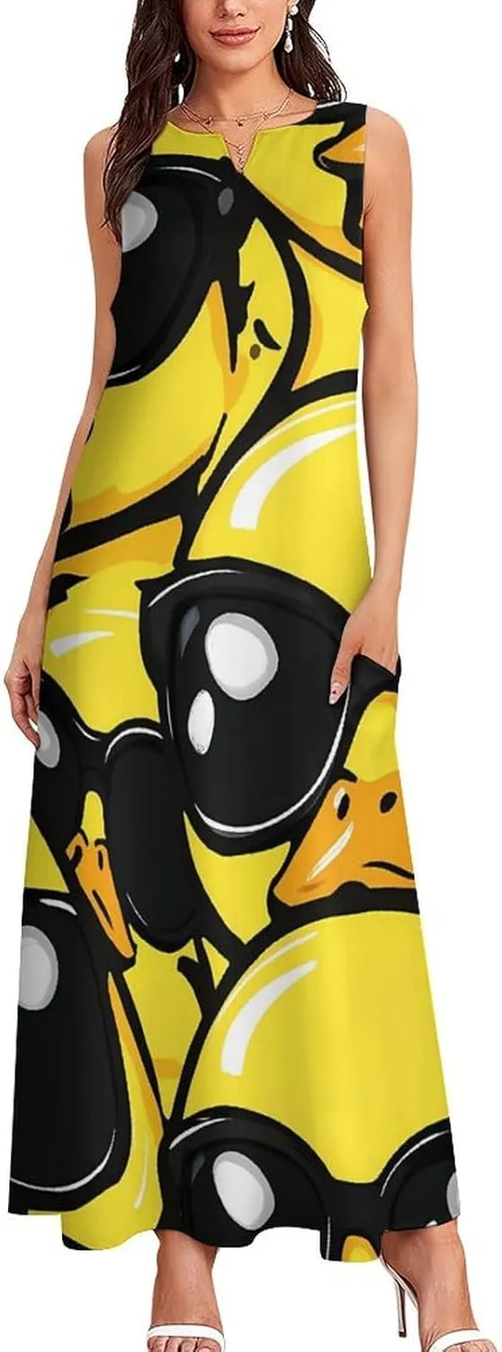 Rubber Yellow Duck With Glasses Summer Long Dresses for Women Sleeveless Loose Maxi Dress V Neck Beach Sundress
