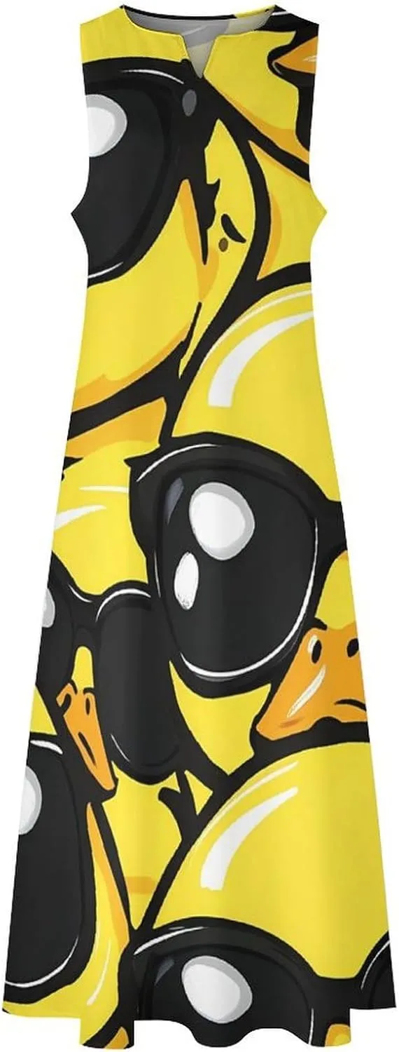 Rubber Yellow Duck With Glasses Summer Long Dresses for Women Sleeveless Loose Maxi Dress V Neck Beach Sundress