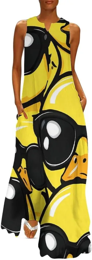 Rubber Yellow Duck With Glasses Summer Long Dresses for Women Sleeveless Loose Maxi Dress V Neck Beach Sundress