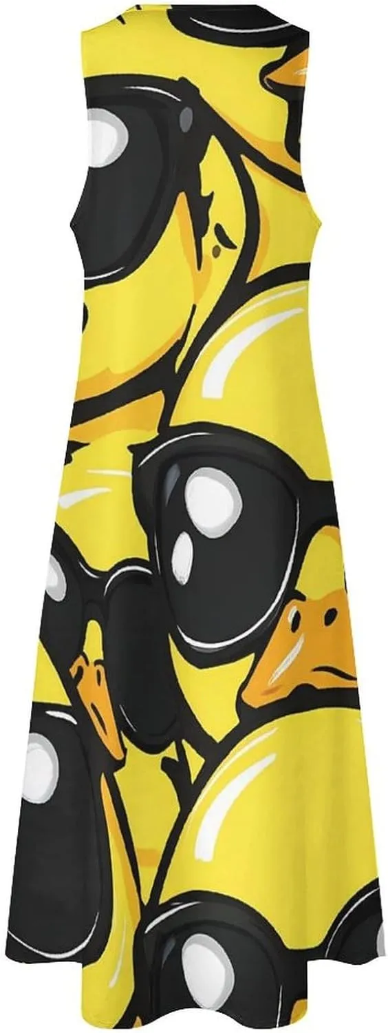 Rubber Yellow Duck With Glasses Summer Long Dresses for Women Sleeveless Loose Maxi Dress V Neck Beach Sundress