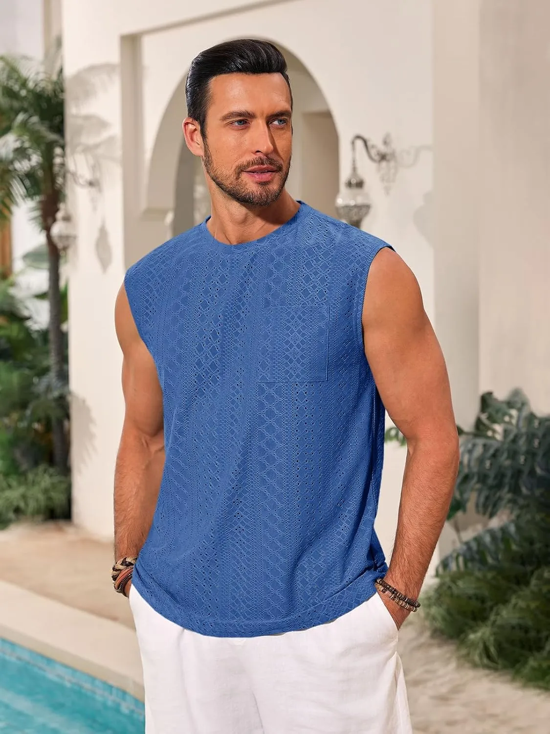 Runcati Mens Sleeveless Tank Tops Casual Hollow Out Knit T Shirts Beach Summer Hippie Tops with Pocket