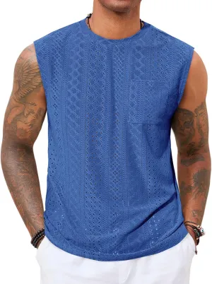 Runcati Mens Sleeveless Tank Tops Casual Hollow Out Knit T Shirts Beach Summer Hippie Tops with Pocket