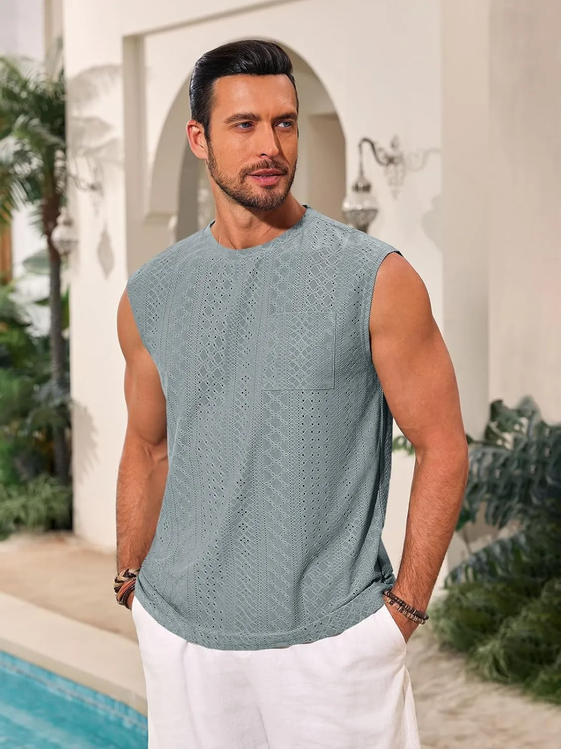 Runcati Mens Sleeveless Tank Tops Casual Hollow Out Knit T Shirts Beach Summer Hippie Tops with Pocket