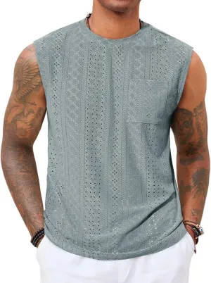 Runcati Mens Sleeveless Tank Tops Casual Hollow Out Knit T Shirts Beach Summer Hippie Tops with Pocket