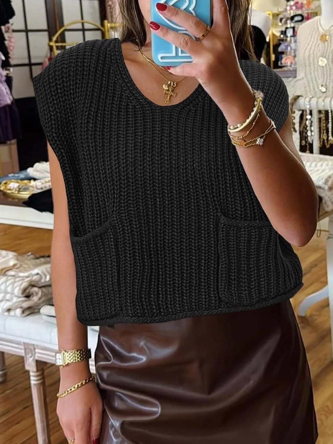 Saodimallsu Womens Summer Cap Sleeve Tops V Neck Chunky Knit Loose Knitted Top Lightweight Cropped Sweater Vest