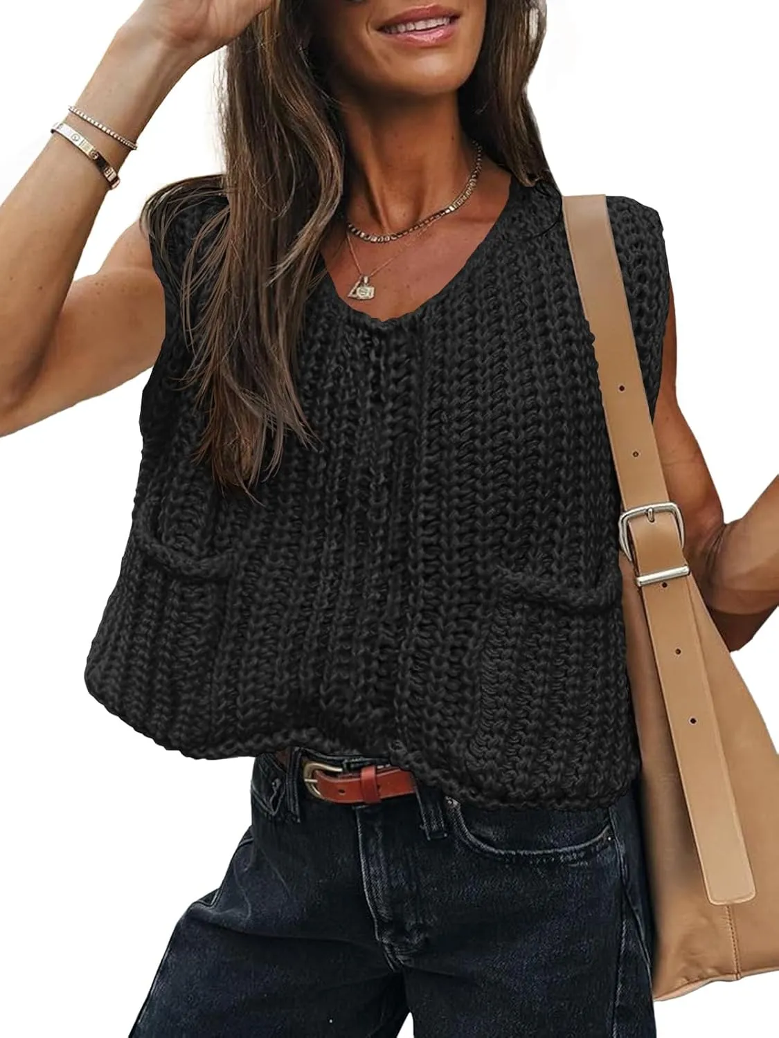 Saodimallsu Womens Summer Cap Sleeve Tops V Neck Chunky Knit Loose Knitted Top Lightweight Cropped Sweater Vest