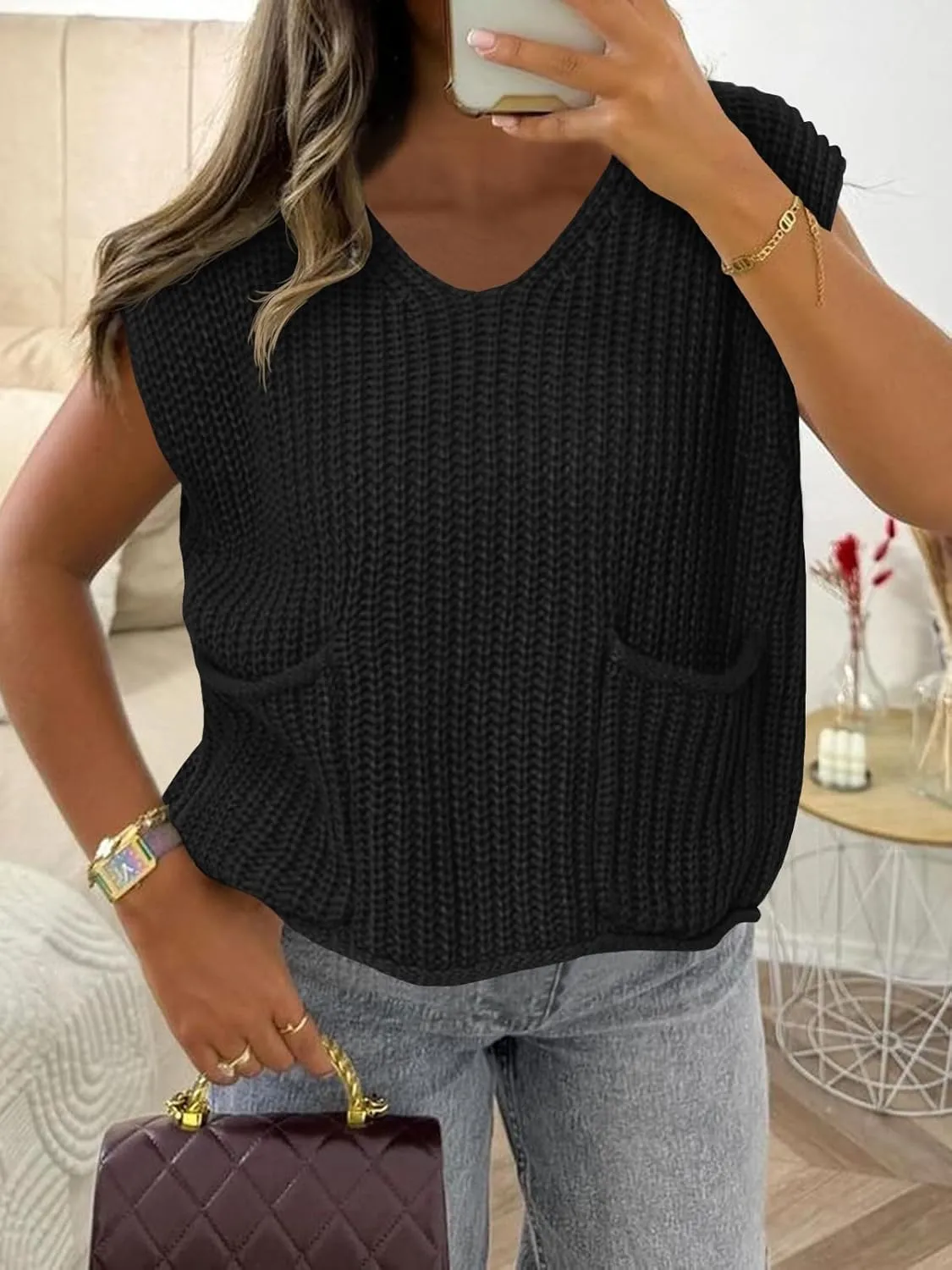 Saodimallsu Womens Summer Cap Sleeve Tops V Neck Chunky Knit Loose Knitted Top Lightweight Cropped Sweater Vest