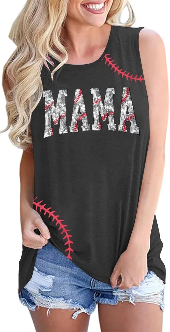 Sequin Baseball Tank Tops Women Baseball Mama Vest Game Day Sport Sleeveless Shirt Casual Workout Tanks