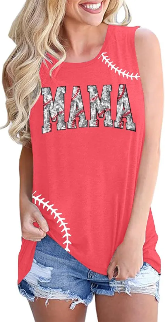 Sequin Baseball Tank Tops Women Baseball Mama Vest Game Day Sport Sleeveless Shirt Casual Workout Tanks